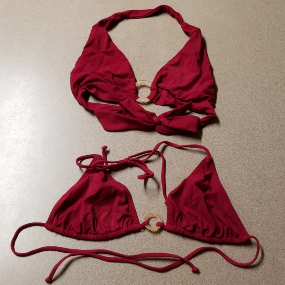 2 red bikini tops